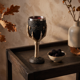 Black skull goblet with skeleton hand stem on an oak bar cart