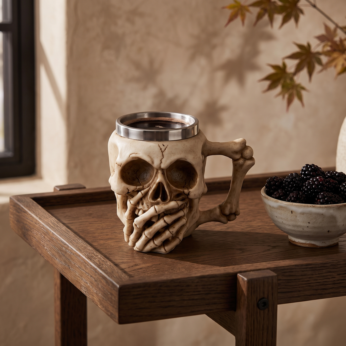 Skull mug with covered mouth on an oak bar cart