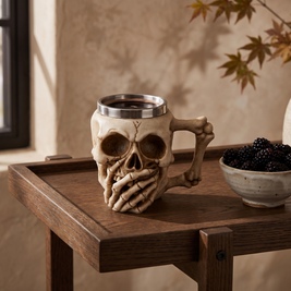 Skull mug with covered mouth on an oak bar cart