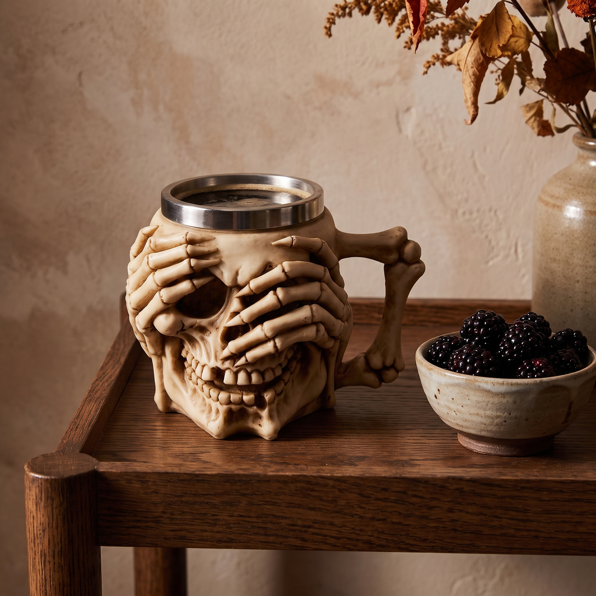Skull mug with covered eyes on an oak bar cart