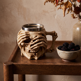 Skull mug with covered eyes on an oak bar cart