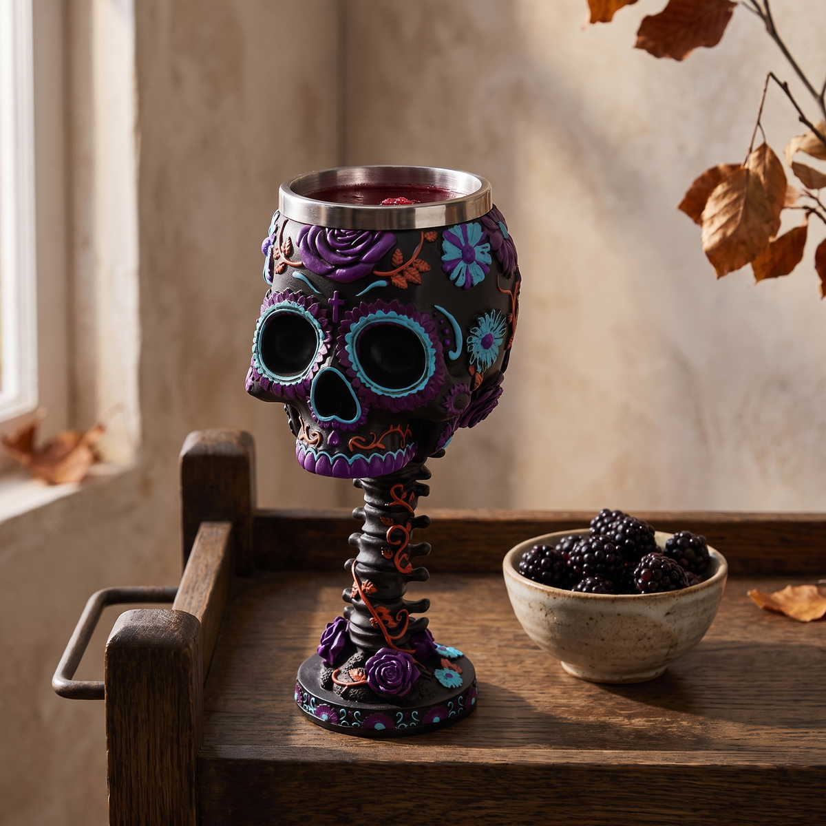 Sugar skull goblet on an oak bar cart