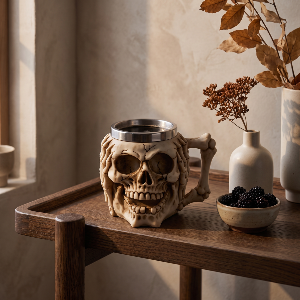 Grinning skull mug on an oak bar cart