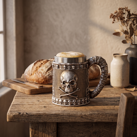 Skull and crossbones tankard with beer on an oak table