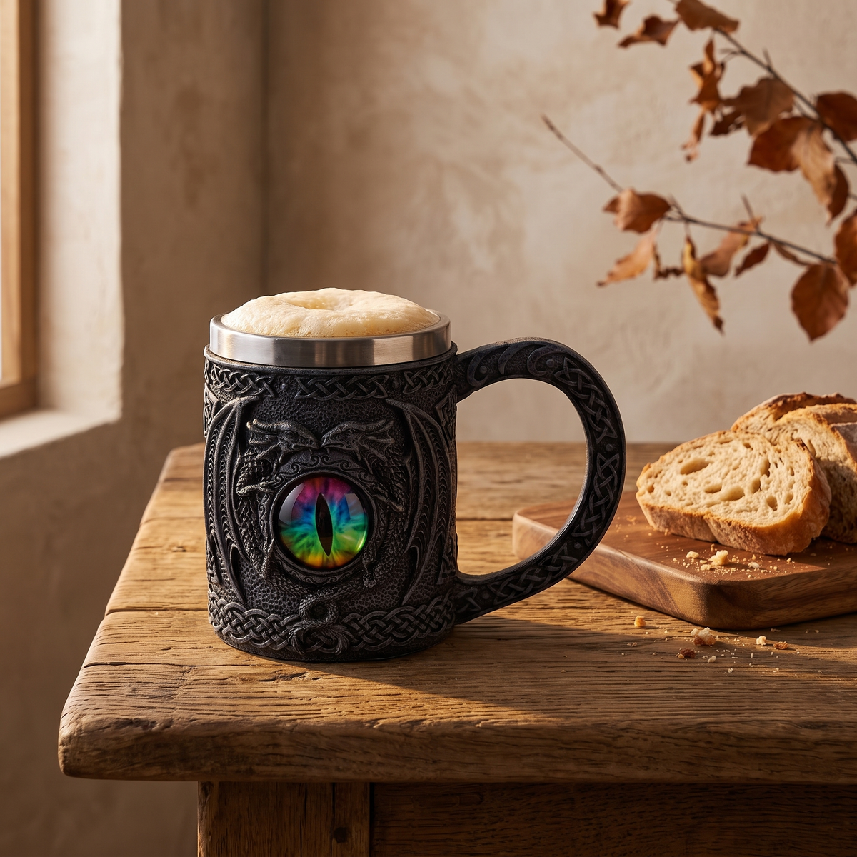 Black dragon eye tankard with beer on an oak table