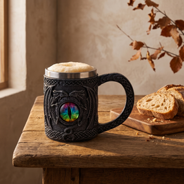 Black dragon eye tankard with beer on an oak table
