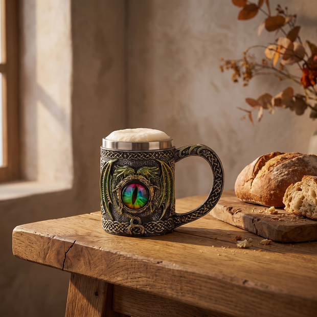 Green and red dragon eye tankard with beer on an oak table