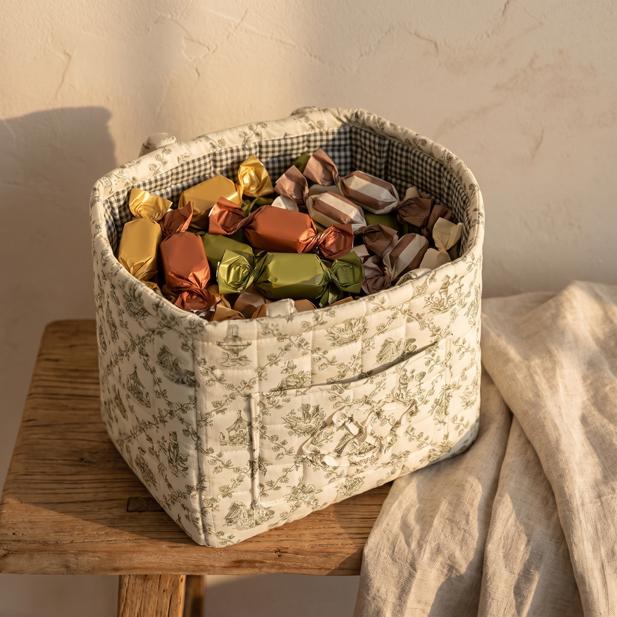 Green floral quilted basket with gingham lining filled with wrapped candy