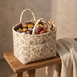 Cream floral quilted basket with gingham lining filled with wrapped candy
