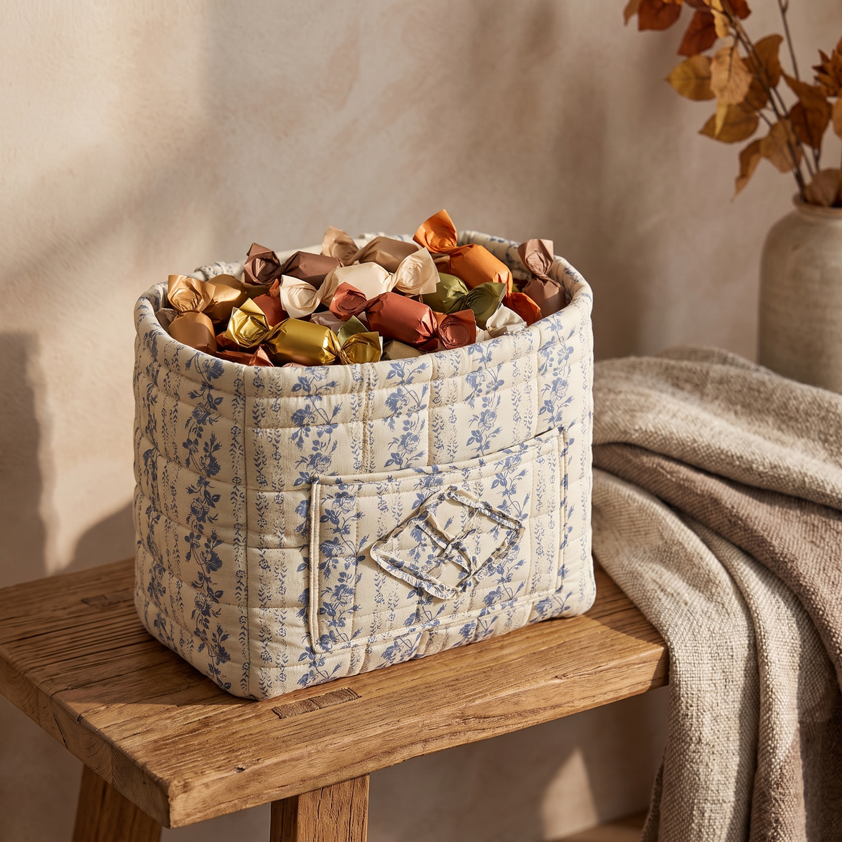 Blue vine floral quilted basket filled with wrapped candy