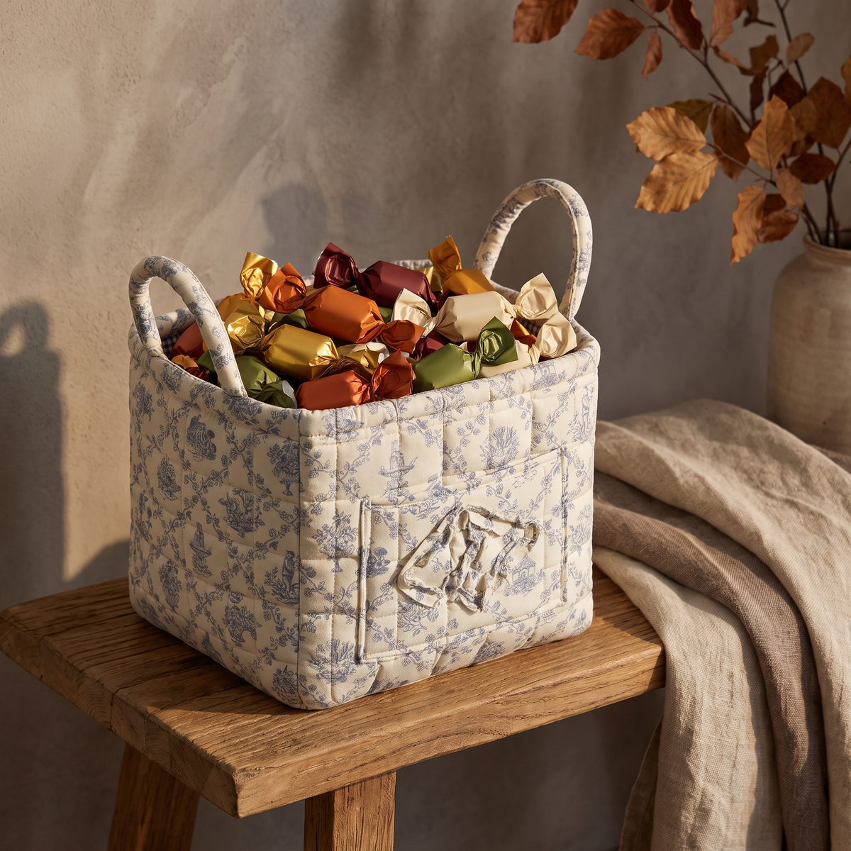 Blue toile quilted basket filled with wrapped candy