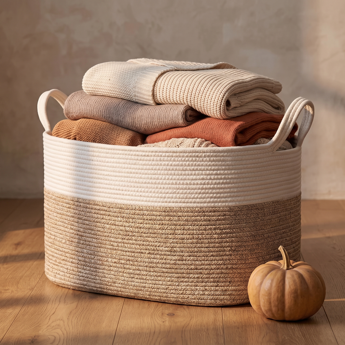 Tan and white rope basket with knit blankets