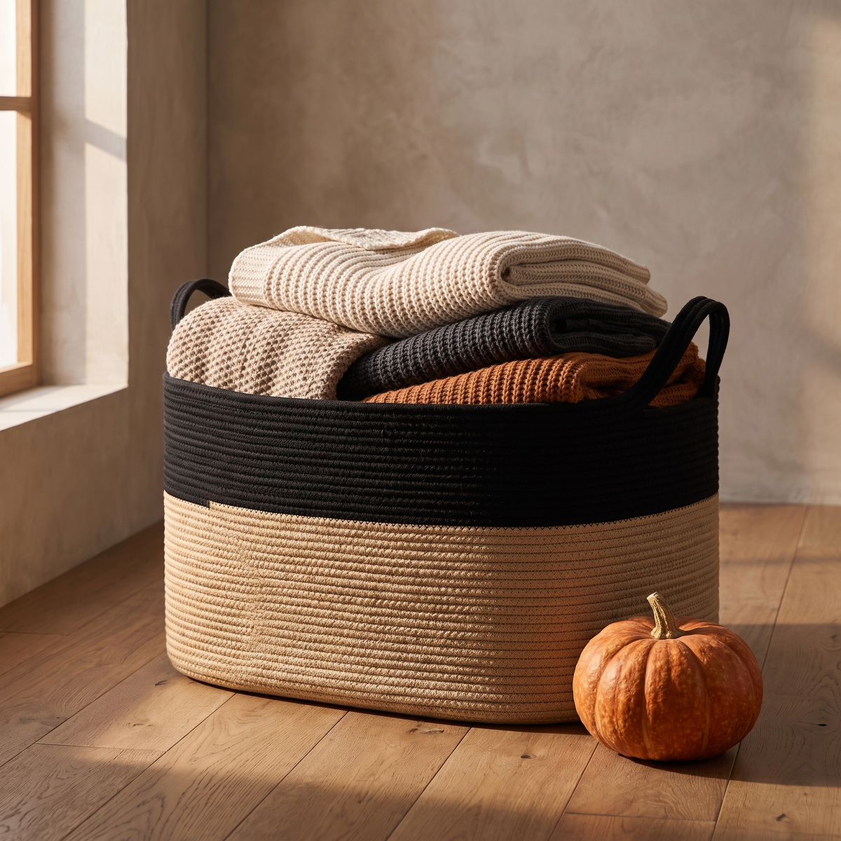 Black and tan rope basket with knit blankets