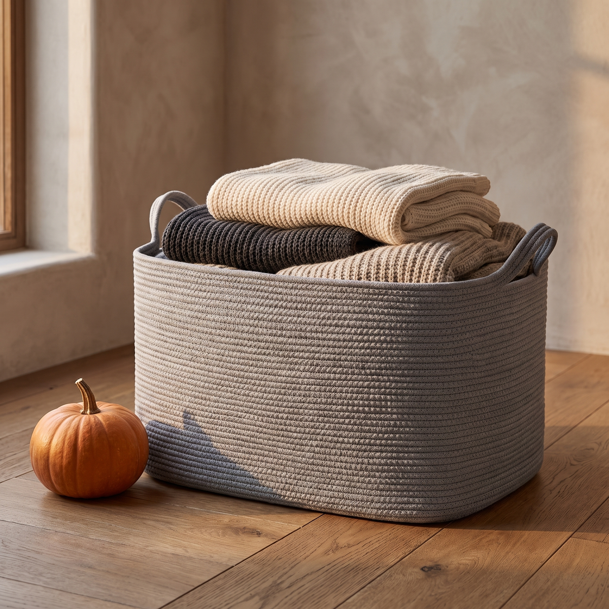 Grey rope basket with knit blankets