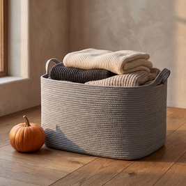 Grey rope basket with knit blankets