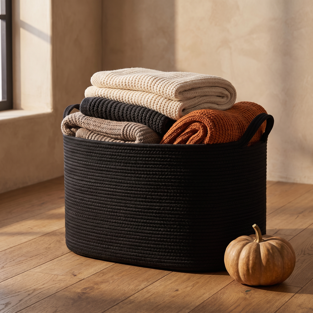 Black rope basket with knit blankets