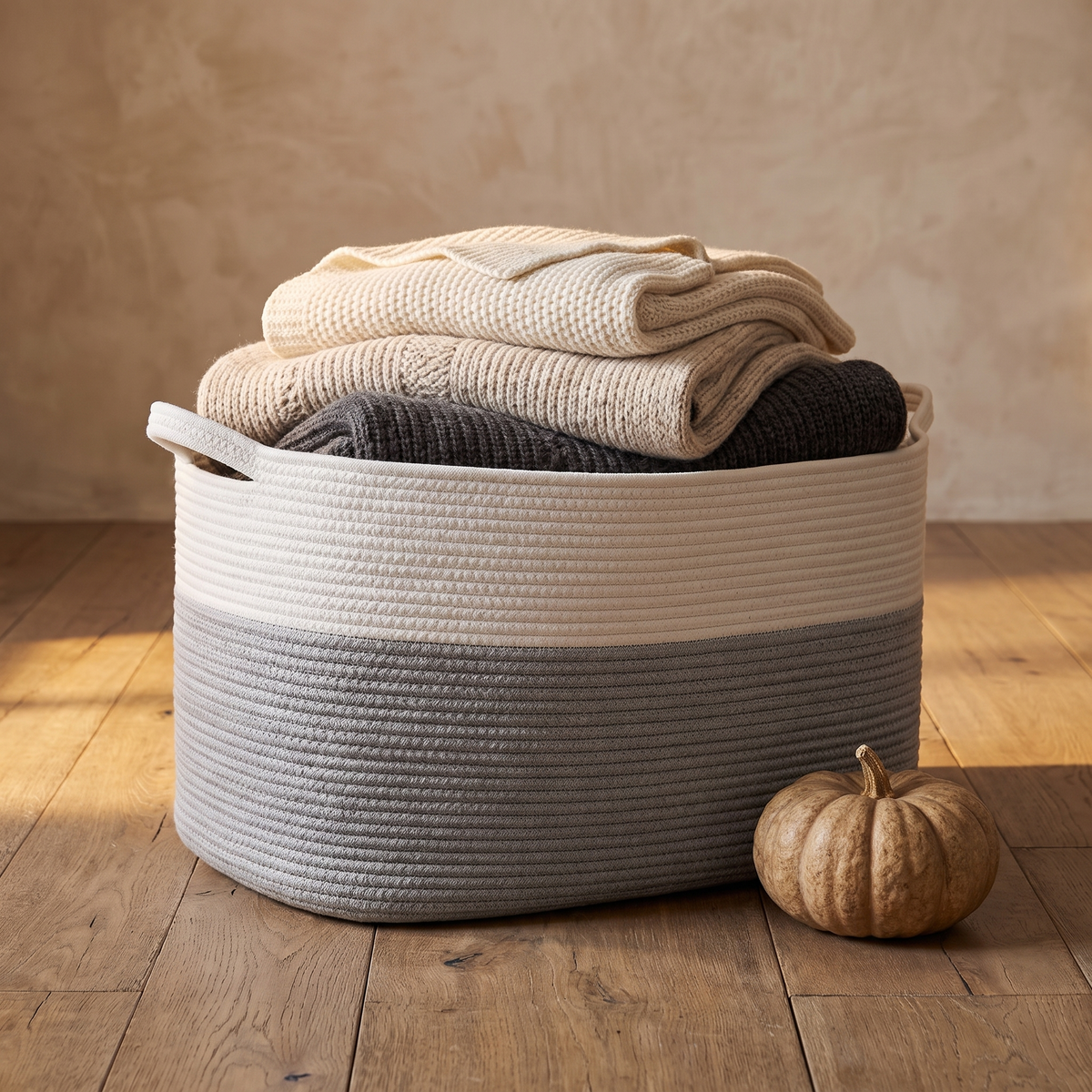 Grey and white rope basket with knit blankets