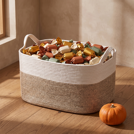 Tan and white rope basket filled with wrapped candy