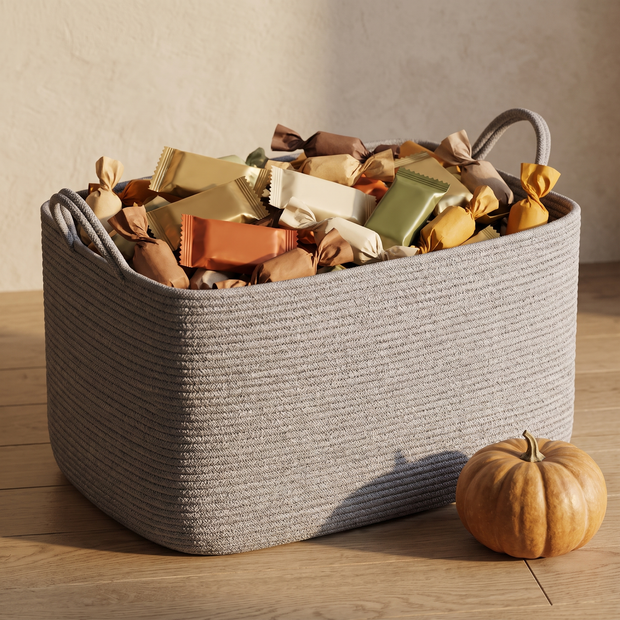 Grey rope basket filled with wrapped candy