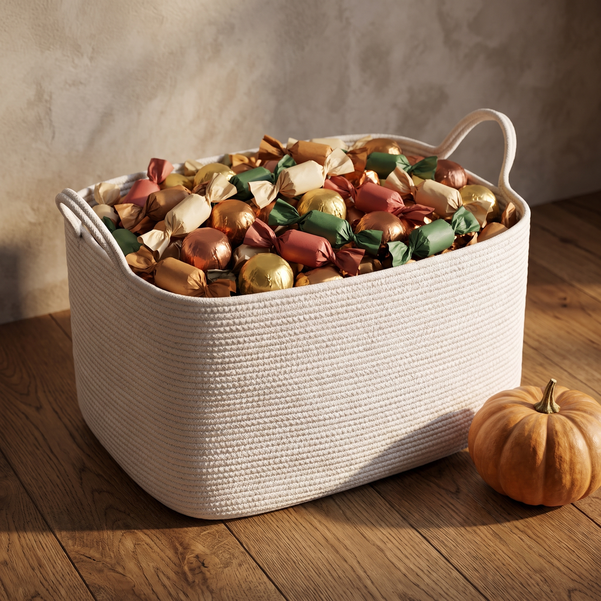 White rope basket filled with wrapped candy
