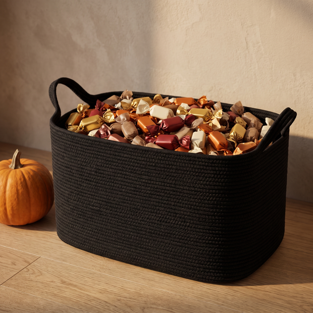 Black rope basket filled with wrapped candy