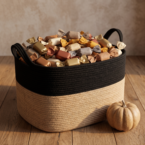 Black and tan rope basket filled with wrapped candy