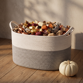 Grey and white rope basket filled with wrapped candy