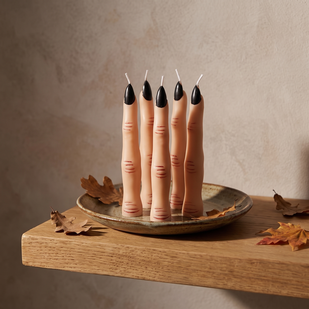 Group of witch finger candles on an oak shelf