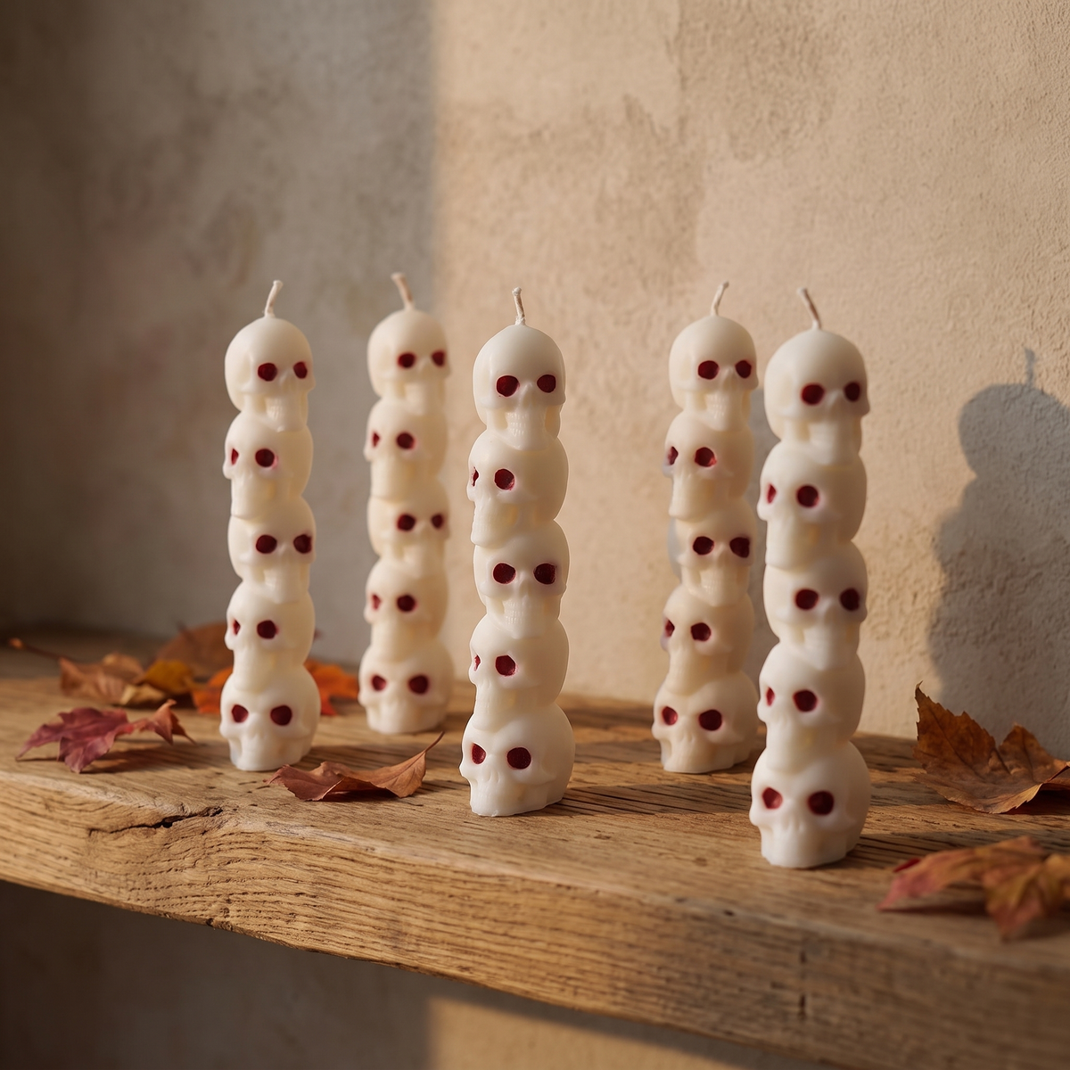 Group of skull tower candles on an oak shelf