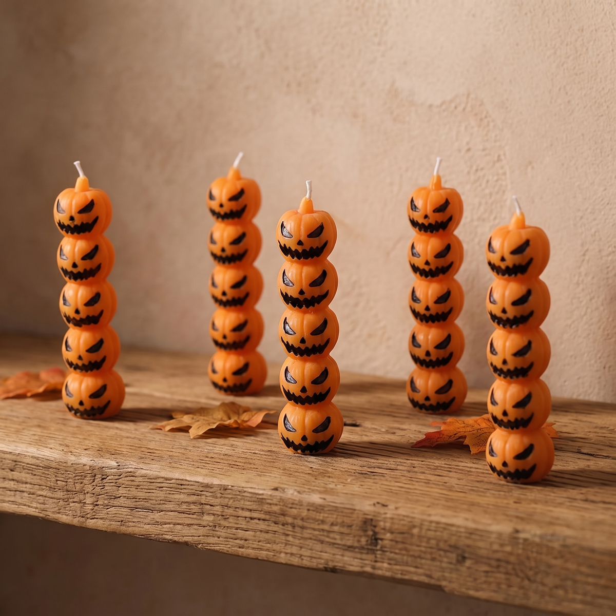 Group of pumpkin tower candles on an oak shelf