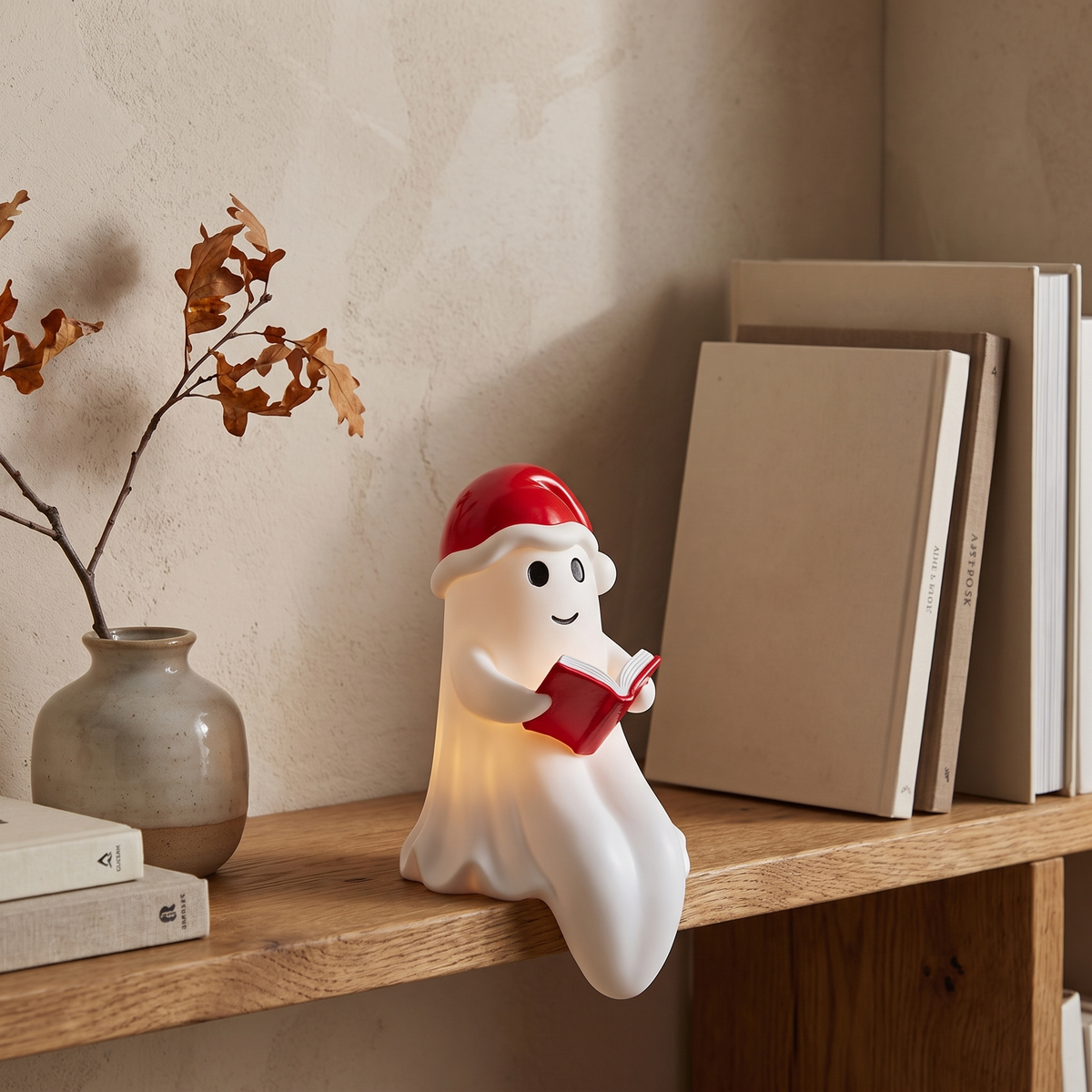 Santa hat ghost reading lamp on an oak bookshelf