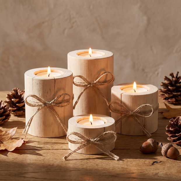 Jute bow log tealight holders with lit tealights