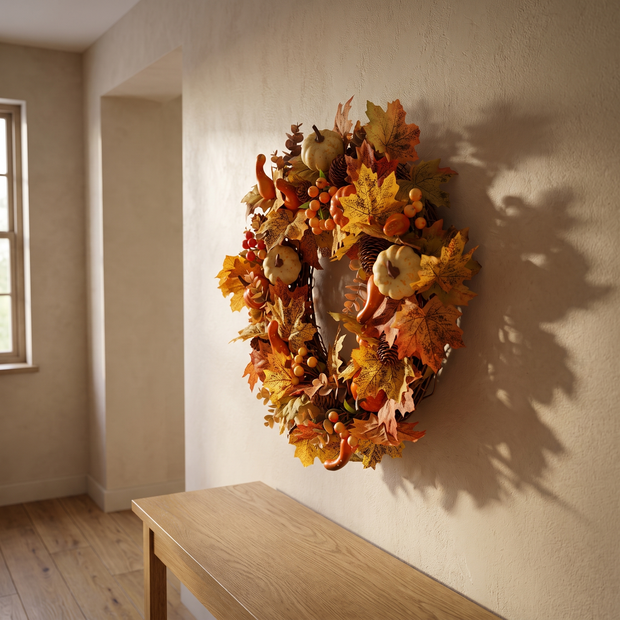Fall pumpkin wreath on a hallway wall