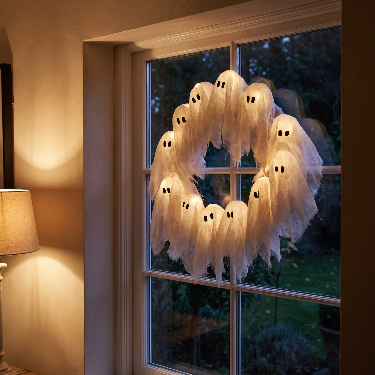 Light up ghost wreath on a hallway window