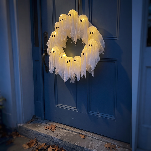 Light up ghost wreath on a front door at dusk