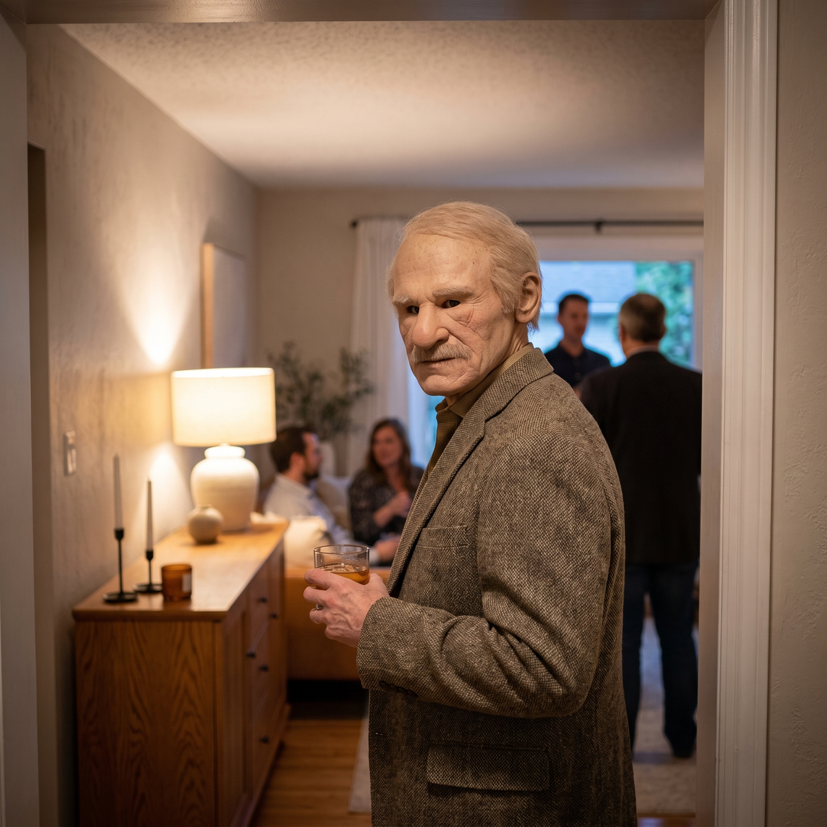 Old man character mask worn at a Halloween party