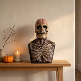 Skeleton bust mask displayed on a console table