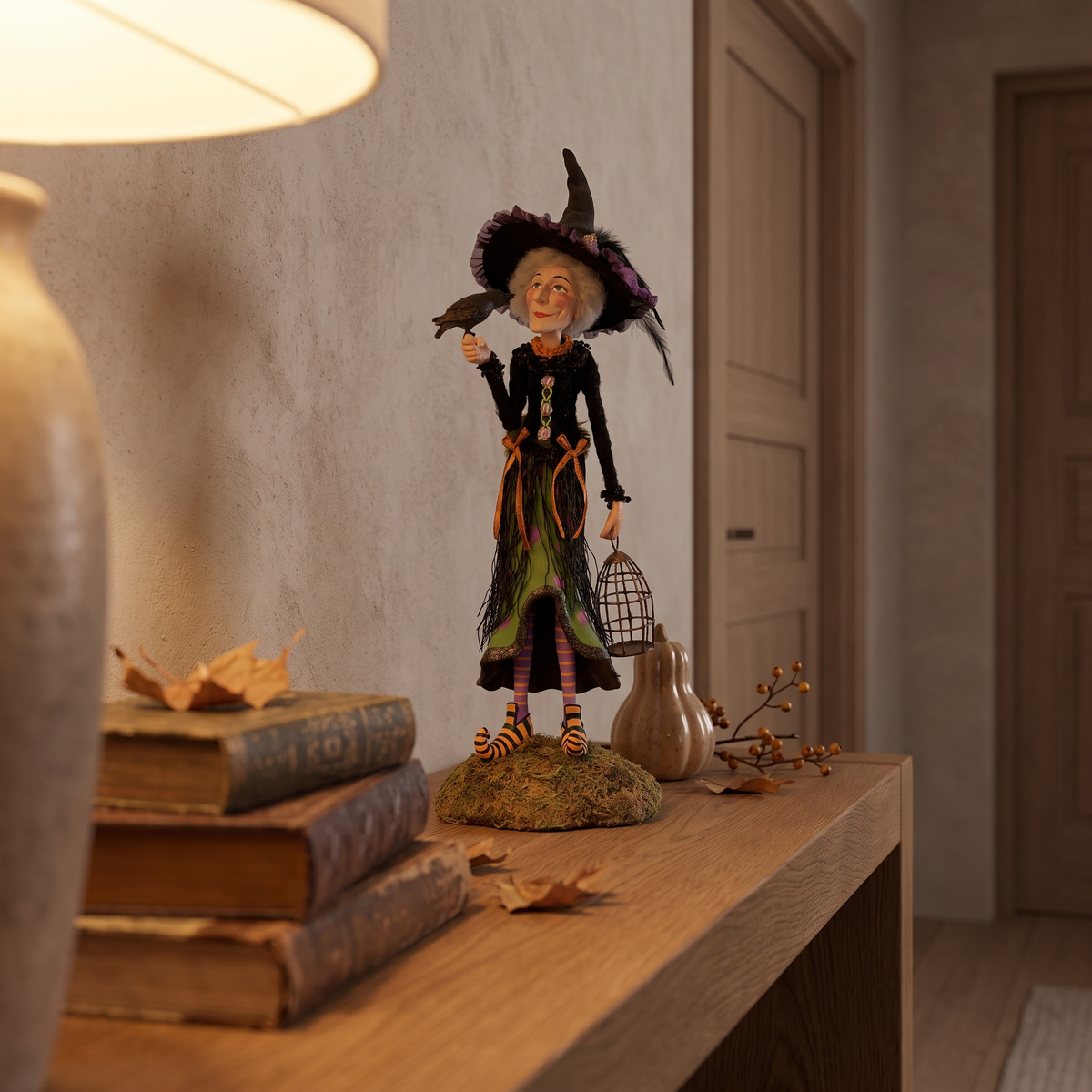 Witch figurine on a hallway console table