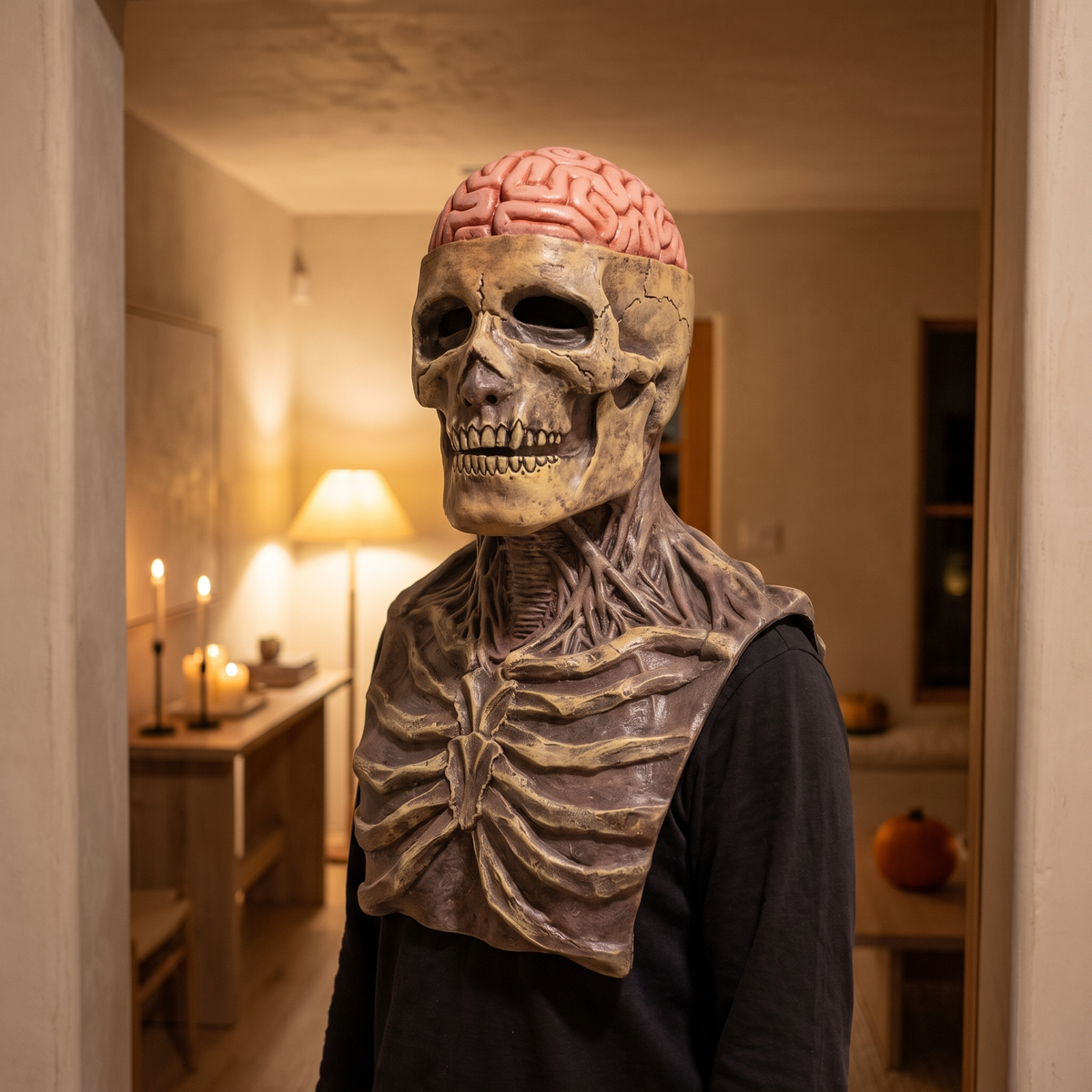 Skeleton bust mask worn at a Halloween party