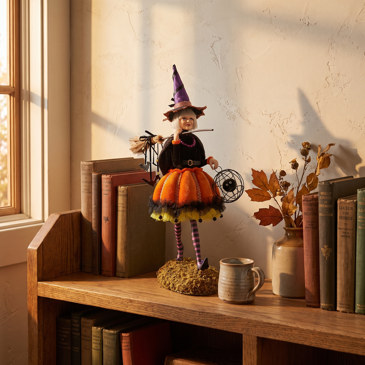 Witch figurine on an oak bookshelf among old books
