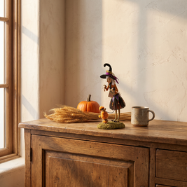 Witch figurine on an oak sideboard with a small pumpkin