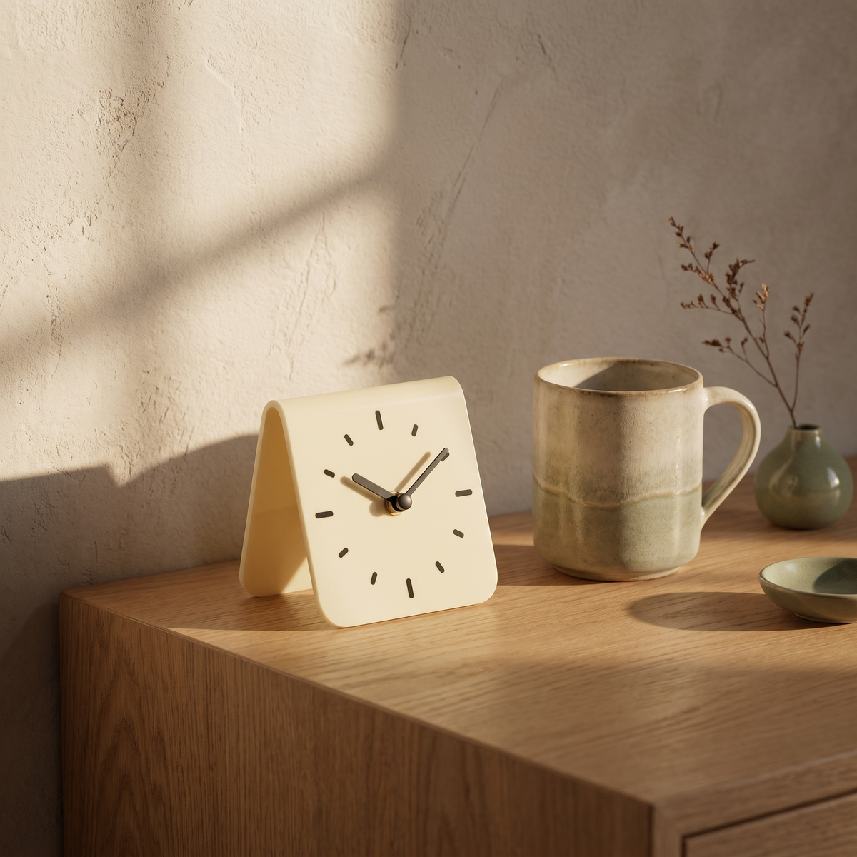MAEVE cream arched desk clock beside a stoneware mug on an oak desk