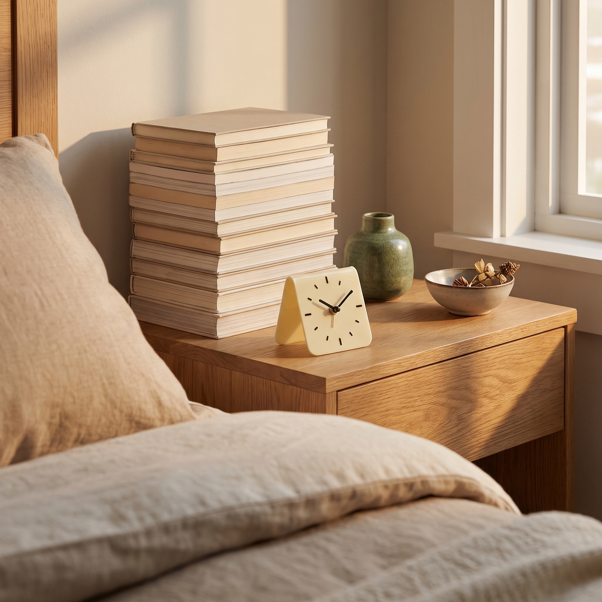 MAEVE cream arched desk clock on a bedroom nightstand next to paperback books