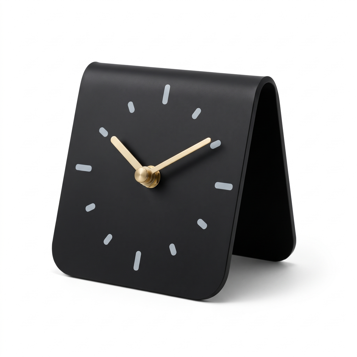 MAEVE arched acrylic desk clock in black with brass hands on a white background
