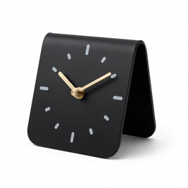 MAEVE arched acrylic desk clock in black with brass hands on a white background