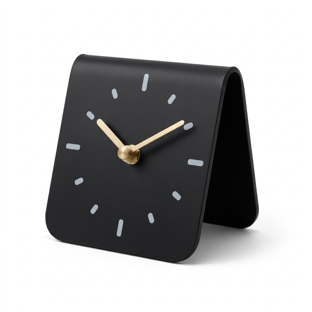 MAEVE arched acrylic desk clock in black with brass hands on a white background