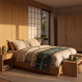 Cotton jacquard bird throw blanket draped across the foot of an oak bed in a Japandi bedroom