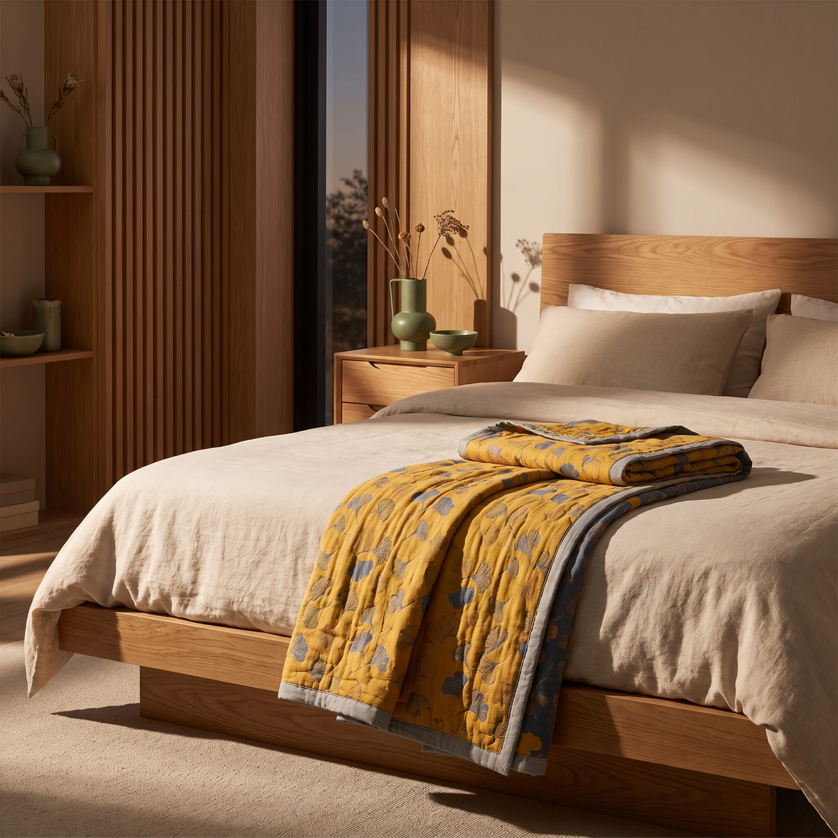 Woven cotton ginkgo leaf throw draped across the foot of an oak bed in a Japandi bedroom