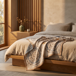 Cotton gauze mandala throw draped across the foot of an oak bed in a Japandi bedroom