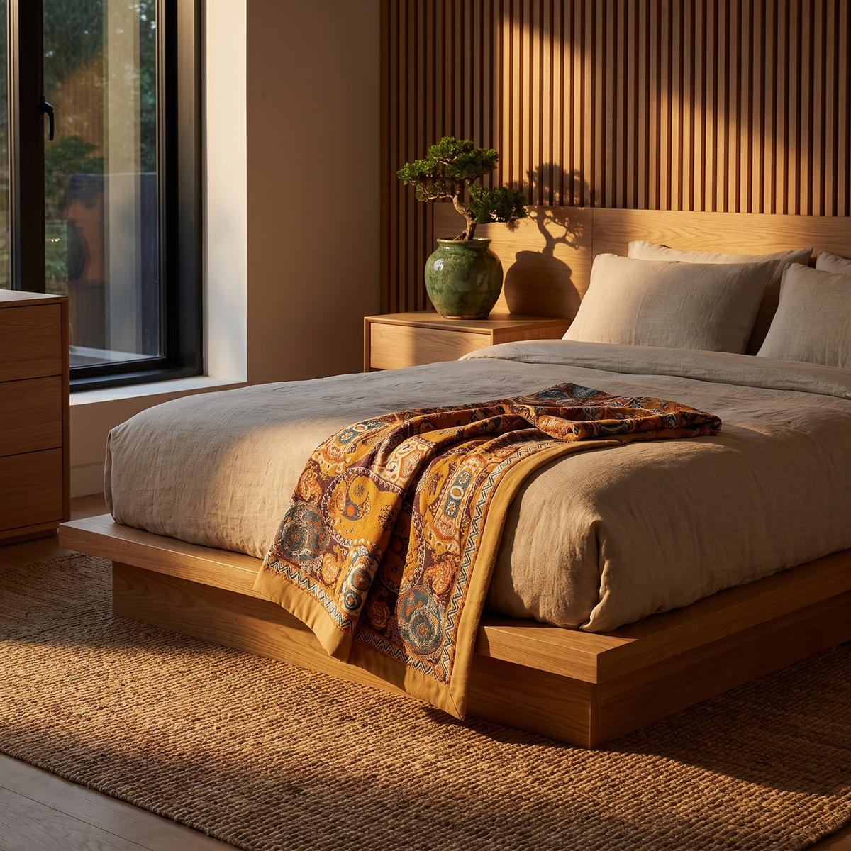 Woven cotton sun throw blanket draped across the foot of an oak bed in a Japandi bedroom